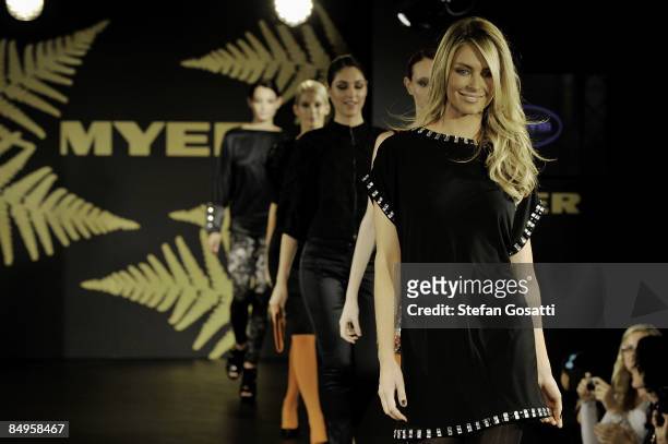 Models showcase a design on the catwalk by Charlie Brown at the Myer Winter 2009 Collection Launch at the Murray Street Myer Store on February 21,...