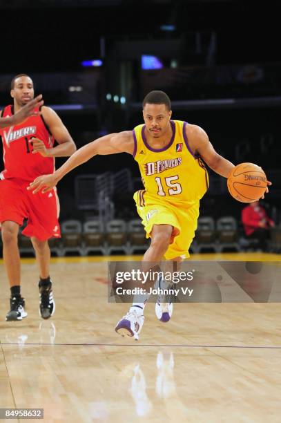 Charlie Parker of the Los Angeles D-Fenders brings the ball up the court during a game against the Rio Grande Valley Vipers at Staples Center on...