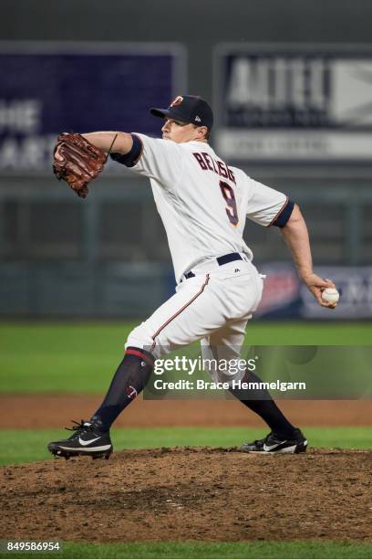 Matt Belisle of the Minnesota Twins pitches against the Chicago White Sox on August 29, 2017 at Target Field in Minneapolis, Minnesota. The Twins...