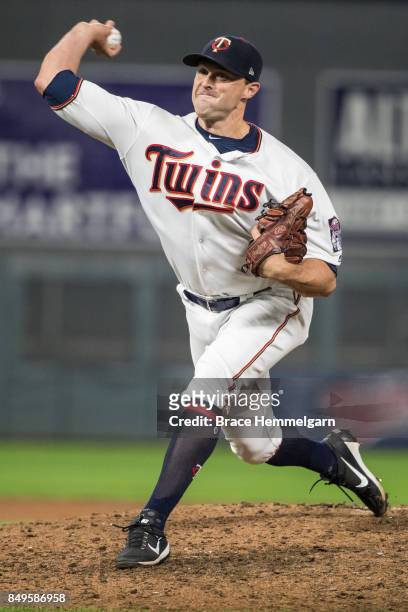 Matt Belisle of the Minnesota Twins pitches against the Chicago White Sox on August 29, 2017 at Target Field in Minneapolis, Minnesota. The Twins...