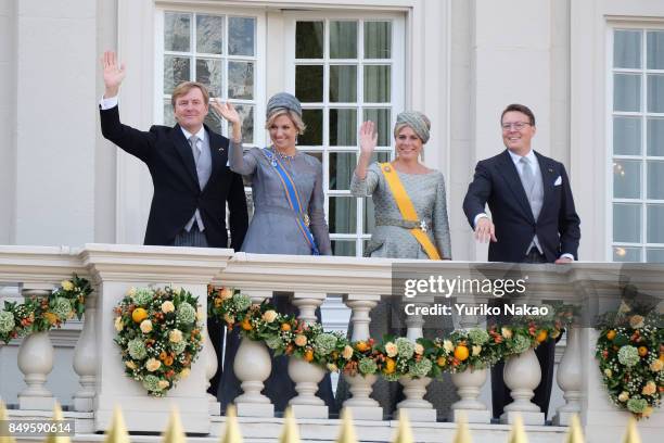 King Willem-Alexander, Queen Maxima, Princess Laurentien and Prince Constantijn wave at the balcony of Palace Noordeinde during the Prinsjesdag on...