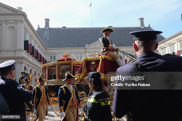Glass Carriage carrying Dutch King Willem-Alexander and Queen Maxima arrives at the Palace Noordeinde during the Prinsjesdag on September 19, 2017 in...
