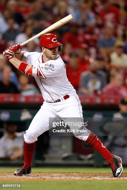 Patrick Kivlehan of the Cincinnati Reds takes an at bat during the game against the Pittsburgh Pirates at Great American Ball Park on September 15,...