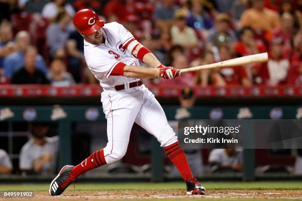 Patrick Kivlehan of the Cincinnati Reds takes an at bat during the game against the Pittsburgh Pirates at Great American Ball Park on September 15,...