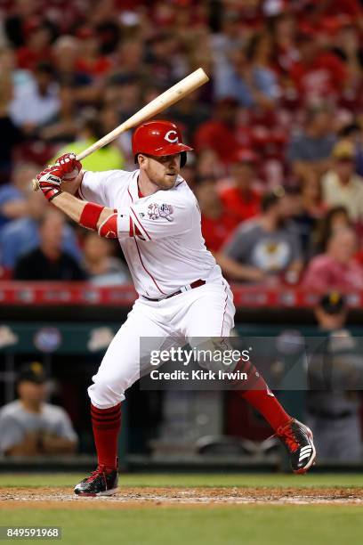 Patrick Kivlehan of the Cincinnati Reds takes an at bat during the game against the Pittsburgh Pirates at Great American Ball Park on September 15,...