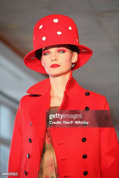 Model walks down the catwalk during the Kinder Aggugini show, as part of London Fashion Week a/w 2009 at Centrepoint on February 21, 2009 in London,...