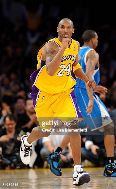 Kobe Bryant of the Los Angeles Lakers celebrates during the game against the New Orleans Hornets at Staples Center on February 20, 2009 in Los...