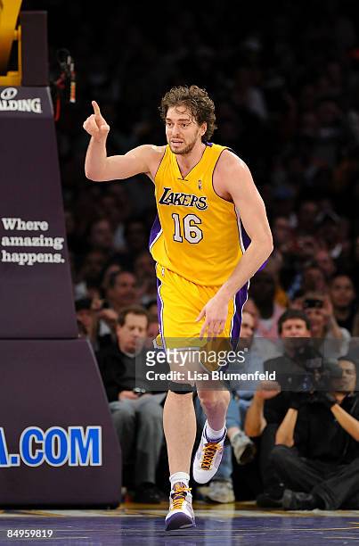 Pau Gasol of the Los Angeles Lakers celebrates during the game against the New Orleans Hornets at Staples Center on February 20, 2009 in Los Angeles,...
