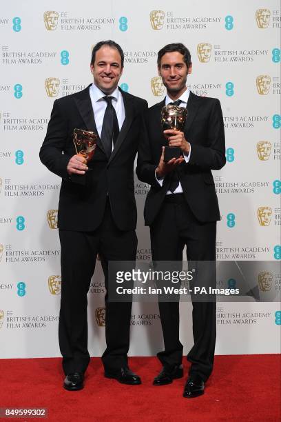 Simon Chinn and Malik Bendjelloul with the award for Best Documentary for 'Searching for Sugar Man' in the press room at the 2013 British Academy...