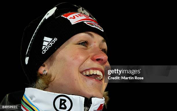 Magdalena Neuner of Germany looks happy after the Women's 4x6 km relay of the IBU Biathlon World Championships on February 21, 2009 in Pyeongchang,...