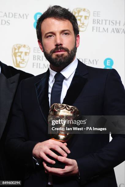 Ben Affleck with the award for Best Film for 'Argo' in the press room at the 2013 British Academy Film Awards at the Royal Opera House, Bow Street,...