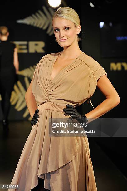 Model showcases a design on the catwalk by Vallen at the Myer Winter 2009 Collection Launch at the Murray Street Myer Store on February 21, 2009 in...