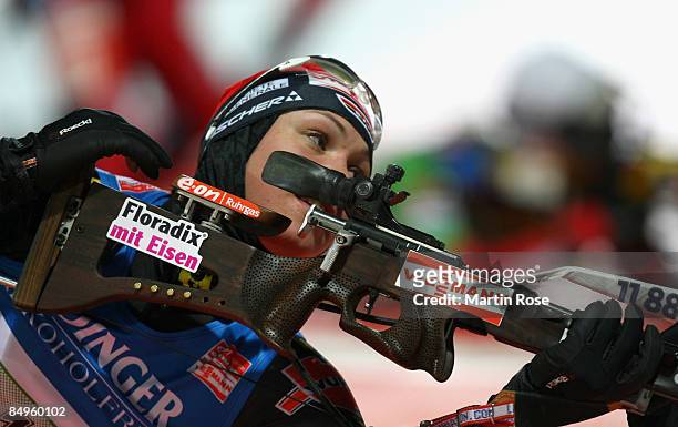 Magdalena Neuner of Germany shoots during the Women's 4x6 km relay of the IBU Biathlon World Championships on February 21, 2009 in Pyeongchang, South...