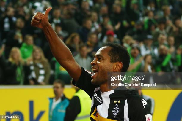 Raffael of Moenchengladbach celebrates after he scored his teams first goal to make it 1:0 during the Bundesliga match between Borussia...