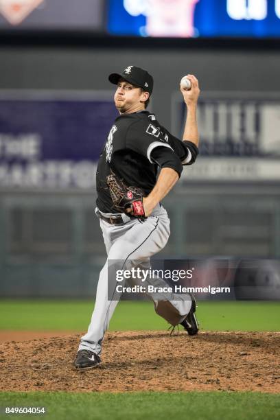 Jake Petricka of the Chicago White Sox pitches against the Minnesota Twins on August 30, 2017 at Target Field in Minneapolis, Minnesota. The Twins...