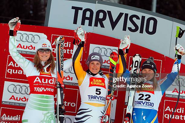 Lindsey Vonn of USA takes 2nd place, Gina Stechert of Germany takes 1st place, Anja Paerson of Sweden takes 3rd place during the Alpine FIS Ski World...