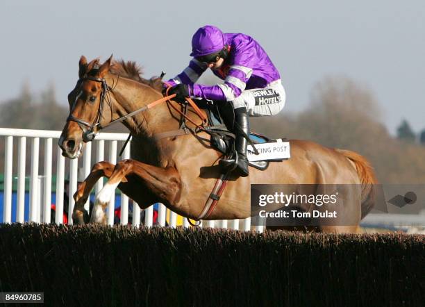 Herecomesthetruth ridden by Ruby Walsh clears the last and wins The Racing Post Weekender Pendil Novices' Steeple Chase during the race meeting at...