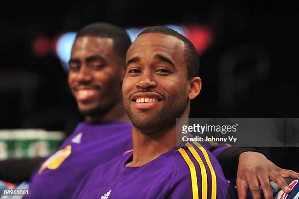 Brandon Heath and Joe Crawford of the Los Angeles D-Fenders smile before taking on the Rio Grande Valley Vipers at Staples Center on February 20,...