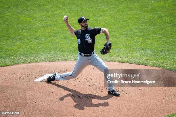 Miguel Gonzalez of the Chicago White Sox pitches against the Minnesota Twins on August 31, 2017 at Target Field in Minneapolis, Minnesota. The Twins...