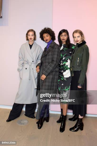 Models showcase designs at the A By Jigsaw presentation during London Fashion Week September 2017 on September 19, 2017 in London, England.