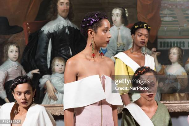 View of the backstage and details ahead of the Tata Naka presentation during the London Fashion Week September 2017 in London on September 19, 2017.