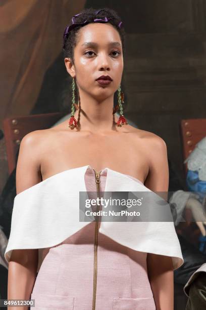 View of the backstage and details ahead of the Tata Naka presentation during the London Fashion Week September 2017 in London on September 19, 2017.