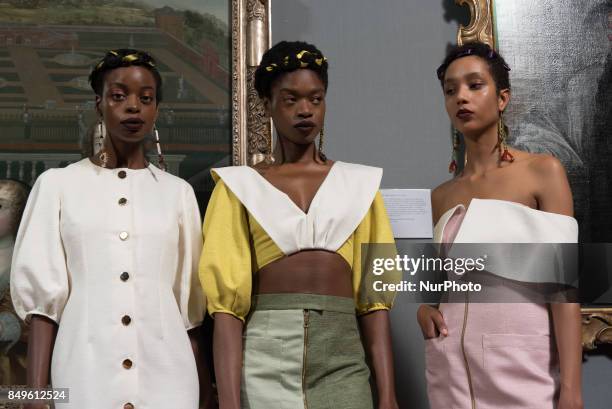 View of the backstage and details ahead of the Tata Naka presentation during the London Fashion Week September 2017 in London on September 19, 2017.