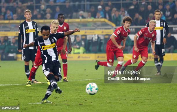 Raffael of Moenchengladbach scores a penalty goal to make it 2:0 during the Bundesliga match between Borussia Moenchengladbach and VfB Stuttgart at...