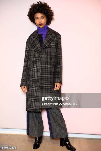 Model showcases designs at the A By Jigsaw presentation during London Fashion Week September 2017 on September 19, 2017 in London, England.