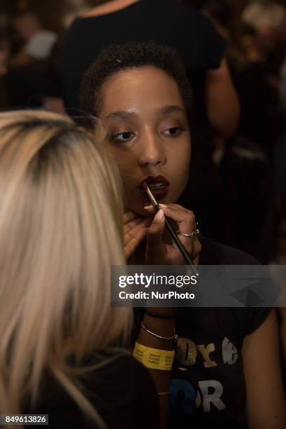 View of the backstage and details ahead of the Tata Naka presentation during the London Fashion Week September 2017 in London on September 19, 2017.