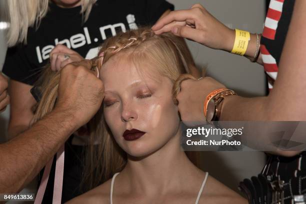 View of the backstage and details ahead of the Tata Naka presentation during the London Fashion Week September 2017 in London on September 19, 2017.