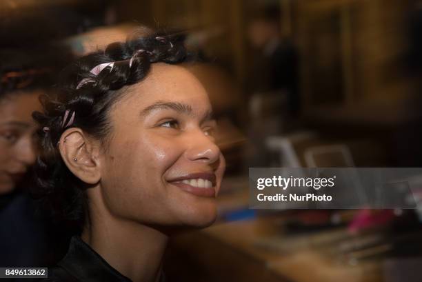 View of the backstage and details ahead of the Tata Naka presentation during the London Fashion Week September 2017 in London on September 19, 2017.