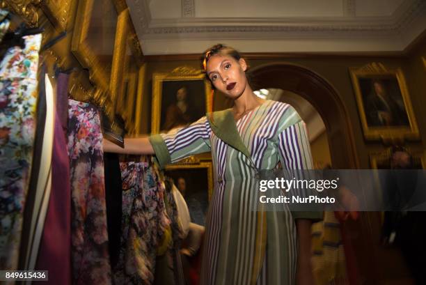 View of the backstage and details ahead of the Tata Naka presentation during the London Fashion Week September 2017 in London on September 19, 2017.