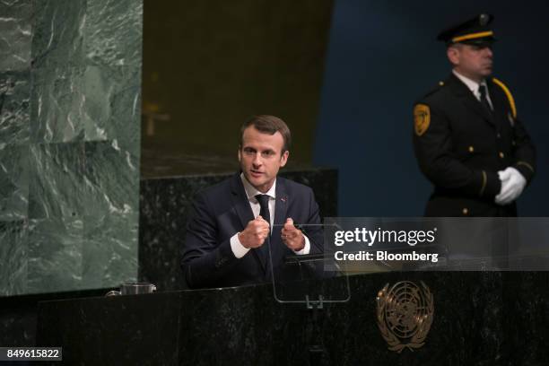 Emmanuel Macron, France's president, speaks during the UN General Assembly meeting in New York, U.S., on Tuesday, Sept. 19, 2017. Macron tells UN...