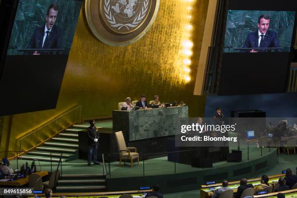 Emmanuel Macron, France's president, center, speaks during the UN General Assembly meeting in New York, U.S., on Tuesday, Sept. 19, 2017. Macron...