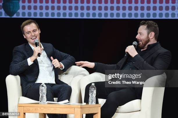 Co-Founder and CEO of Global Citizen and Global Poverty Project Hugh Evans and entrepreneur and philanthropis Sean Parker speak onstage during Global...