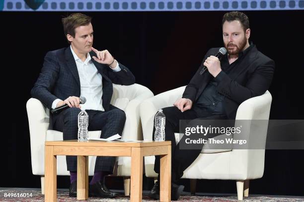 Co-Founder and CEO of Global Citizen and Global Poverty Project Hugh Evans and entrepreneur and philanthropis Sean Parker speak onstage during Global...