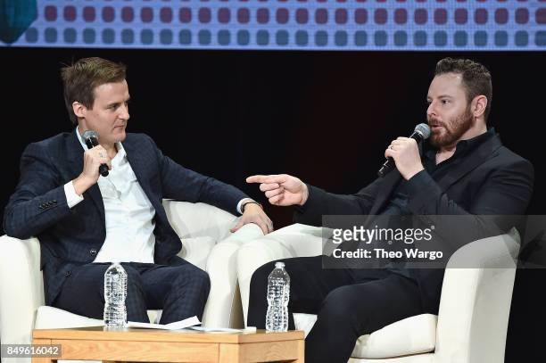 Co-Founder and CEO of Global Citizen and Global Poverty Project Hugh Evans and entrepreneur and philanthropis Sean Parker speak onstage during Global...