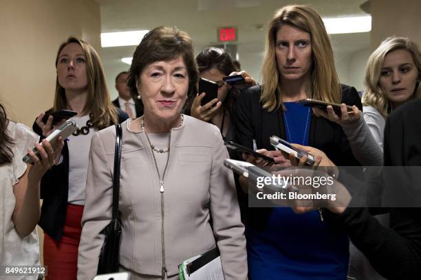 Senator Susan Collins, a Republican from Maine, speaks to members of the media in the basement of the U.S. Capitol in Washington, D.C., U.S., on...