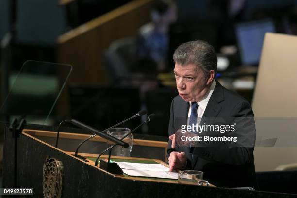 Juan Manuel Santos, Colombia's president, speaks during the UN General Assembly meeting in New York, U.S., on Tuesday, Sept. 19, 2017. Colombia, the...