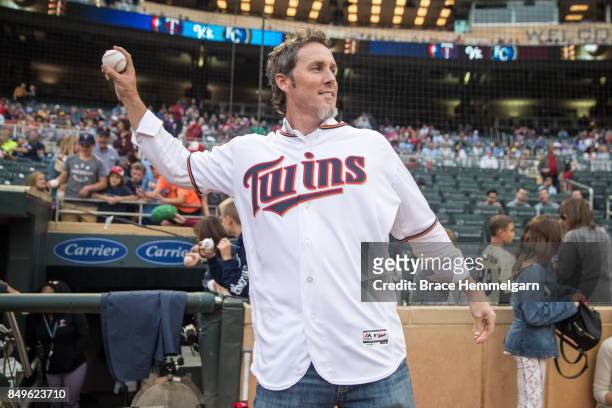 Former pitcher Joe Nathan of the Minnesota Twins looks on prior to the game against the Kansas City Royals on September 1, 2017 at Target Field in...