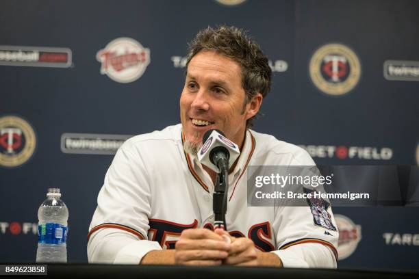 Former pitcher Joe Nathan of the Minnesota Twins announces his retirement after signing a one-day contract against the Kansas City Royals on...