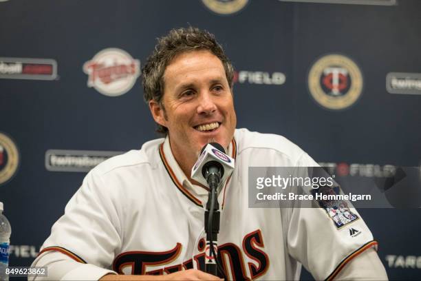 Former pitcher Joe Nathan of the Minnesota Twins announces his retirement after signing a one-day contract against the Kansas City Royals on...