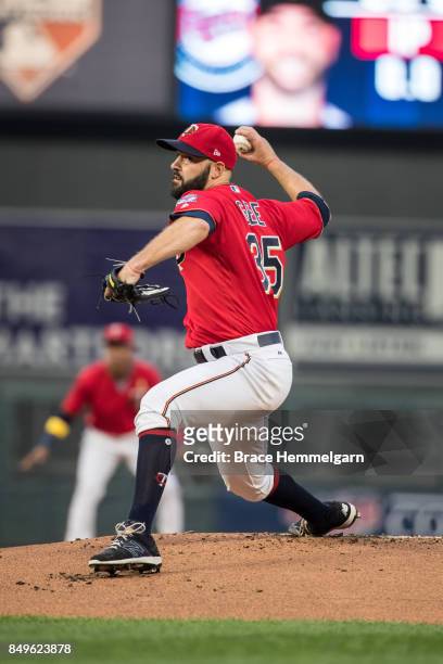 Dillon Gee of the Minnesota Twins pitches against the Kansas City Royals on September 1, 2017 at Target Field in Minneapolis, Minnesota. The Royals...
