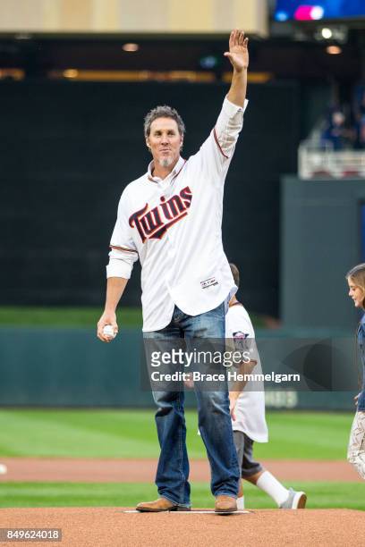 Former closer Joe Nathan of the Minnesota Twins throws out a first pitch prior to the game against the Kansas City Royals on September 1, 2017 at...