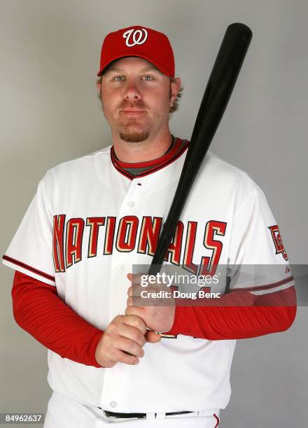 Adam Dunn of the Washington Nationals poses during photo day at Roger Dean Stadium on February 21, 2009 in Viera, Florida.