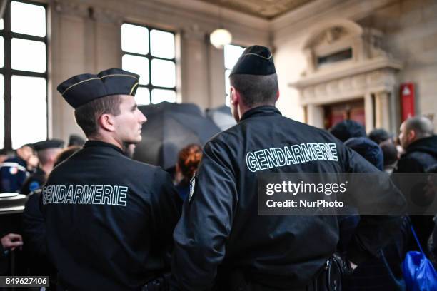 Policemen in Paris, France, on 19 September 2017 during opening of the trial in the Quai de Valmy case, where a police car was set on fire during an...