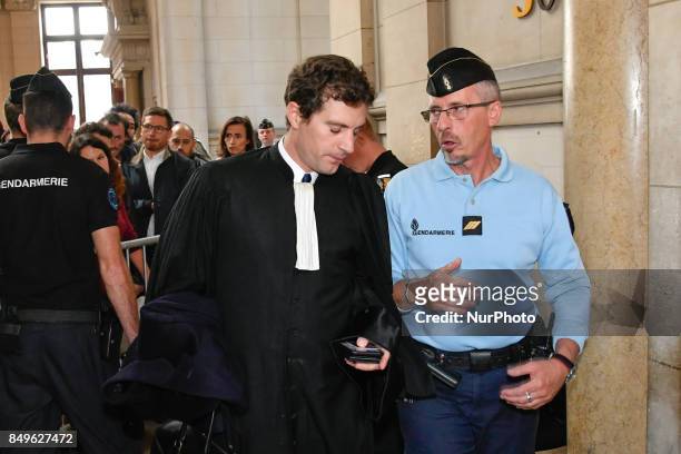 Defense lawyer, Jeremie Assous in Paris, France, on 19 September 2017 during opening of the trial in the Quai de Valmy case, where a police car was...