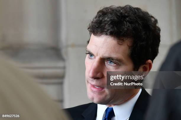 Defense lawyer, Jeremie Assous in Paris, France, on 19 September 2017 during opening of the trial in the Quai de Valmy case, where a police car was...