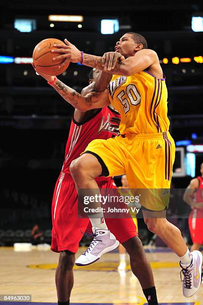 Dwayne Mitchell of the Los Angeles D-Fenders is fouled on his way to the basket during a game against the Rio Grande Valley Vipers at Staples Center...